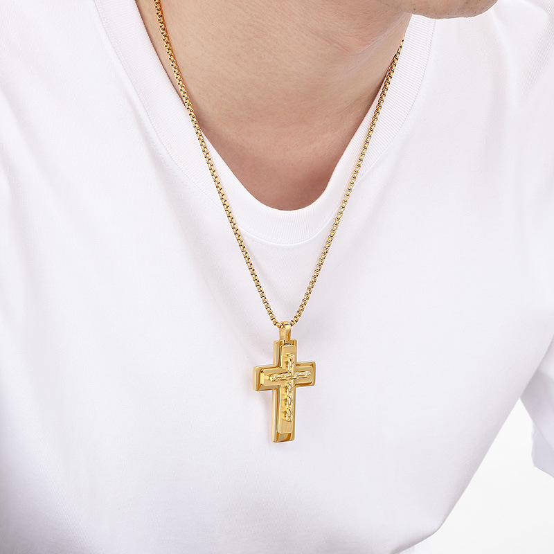 Hip Hop Multi-layer Cross Pendant Necklace Stainless Steel Gold Plated Mens Jewelry