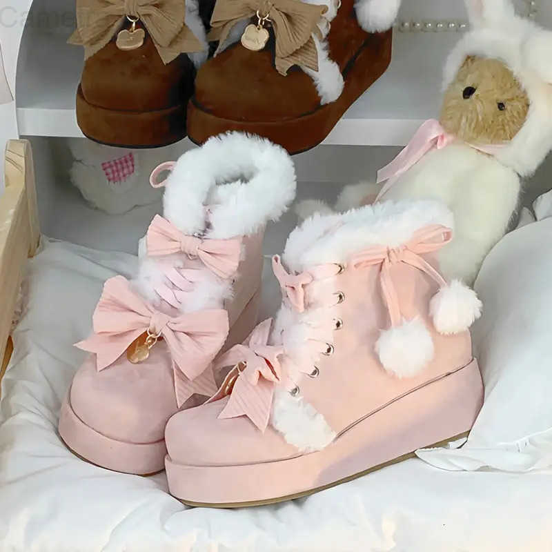 Sanrio Lovely Girls Lolita Winter Warm Snow BootsStudents Sweet Plush Bowknots PU Leather Lace Up Heightening Mid-Calf Platform Shoes H251110