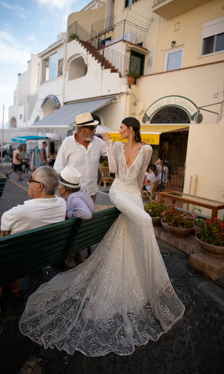 Inbal Dror 2025 Wedding Dress V Neck Sequined Lace Mermaid Bridal Gowns Long Sleeves Backless Beach Wedding Dress Custom