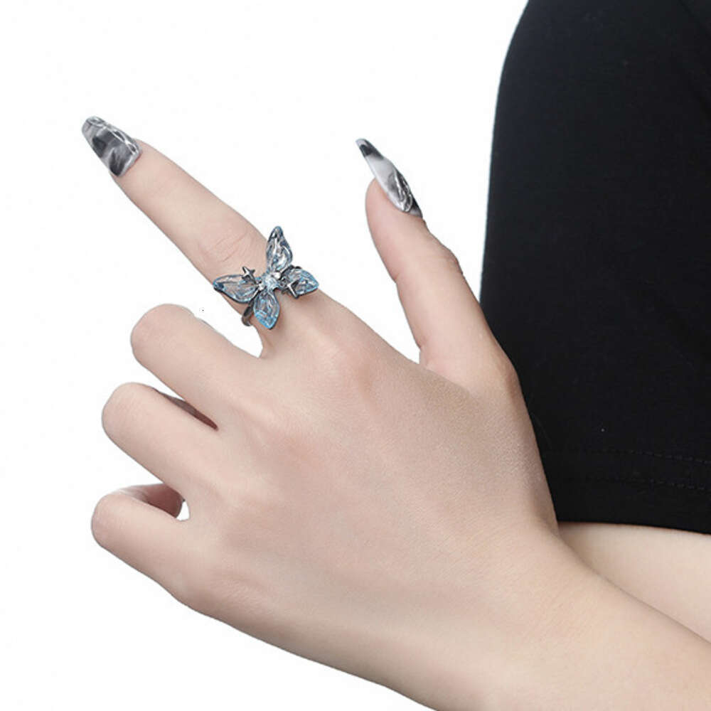 Blue Butterfly Ring for Women, Fairy Light Luxury, High-End Feel, Cold Style, Exquisite Adjustable Open Ring, Wholesale