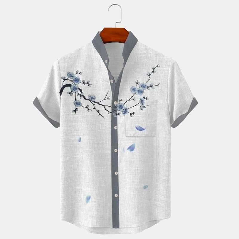 3D printing mens shirt linen shirt pattern printing parrot leaf standing collar white light green purple green gray outdoor street X250410
