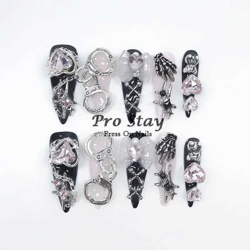 0 pieces of dark black Y2k hot girl hand pressed nails sweet and cool diamond metal decoration wearable fake nails W250410