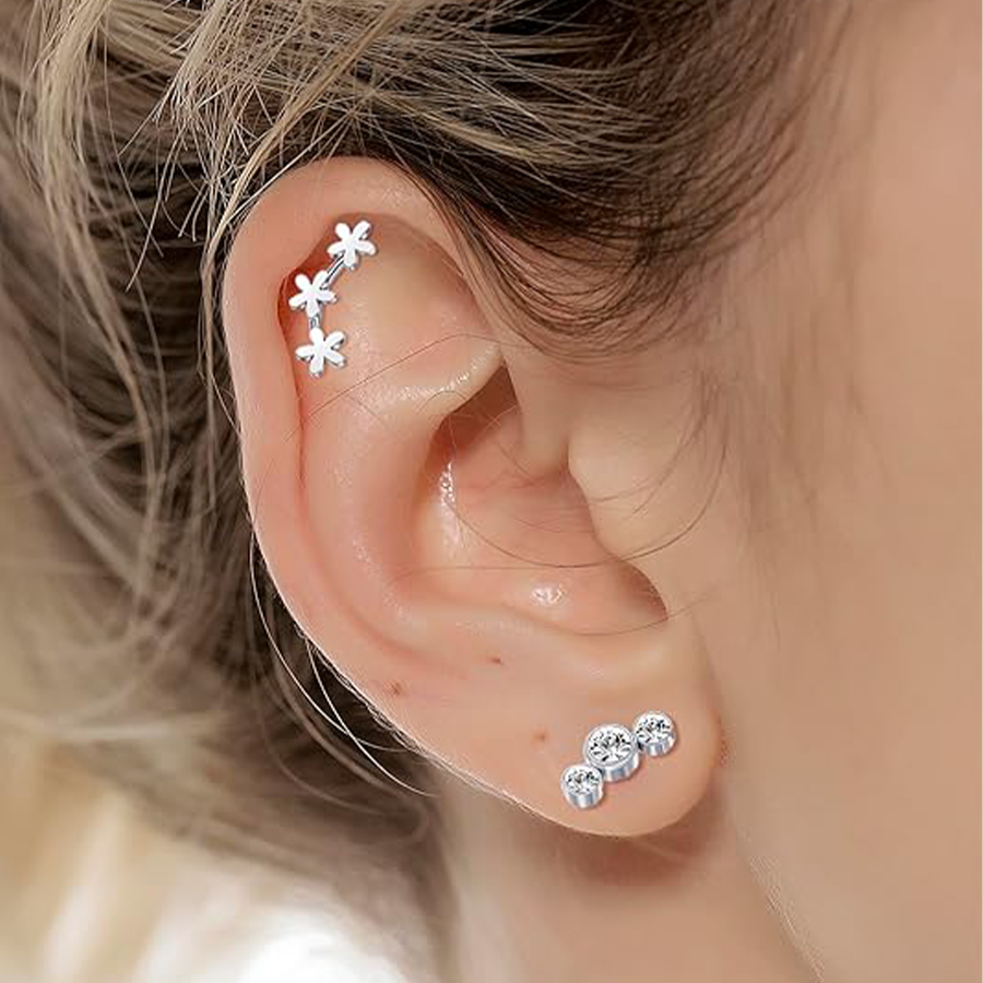 30Pcs Cartilage CZ Stud Earrings Conch Forward Helix Tragus Daith Piercing Lip Rings Heart Butterfly Jewelry for Women Men 16G Silver Tone