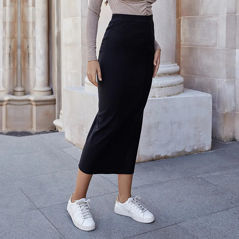 Fashionable womens long solid black pencil skirt sexy and elastic in winter high waisted office body slimming knitted casual 250407