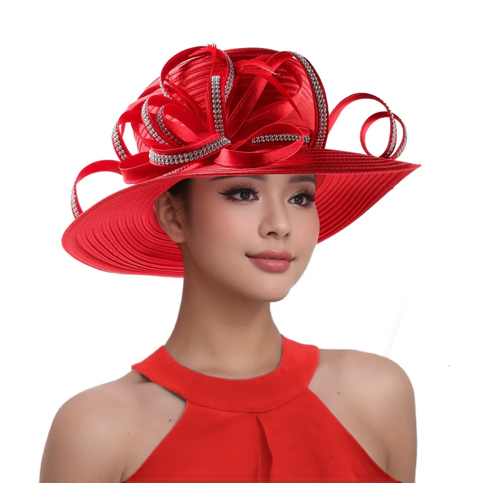 Multi colored satin fabric rhinestone church hat elegant pography top fashionable womens banquet charming wedding formal 250410