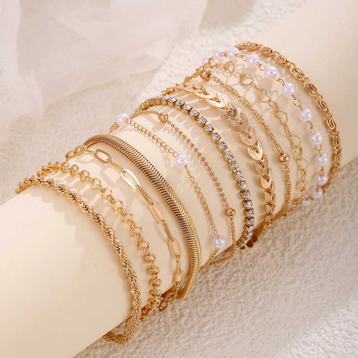 Bohemian Multi-layer Stacking Bracelet Fashion Flat Snake Chain Rhinestone Claw Chain Bracelet Set Womens Retro Party JewelryT251110