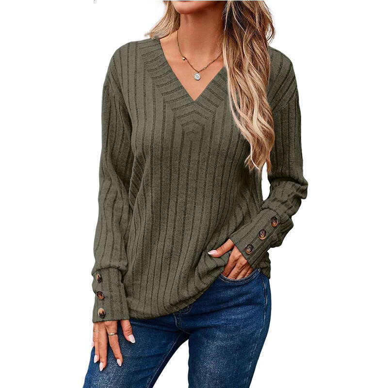 2025 Autumn Winter New European and American Cross-Border Fashion Amazon Women's Long Sleeve V-Neck Shirt Solid Color Button T-Shirt