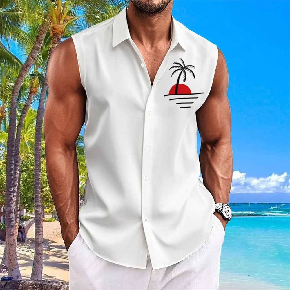 Summer casual mens shirt sleeveless lapel shirt button up beach vacation quick drying Hawaiian shirt mens oversized mens clothing X250410