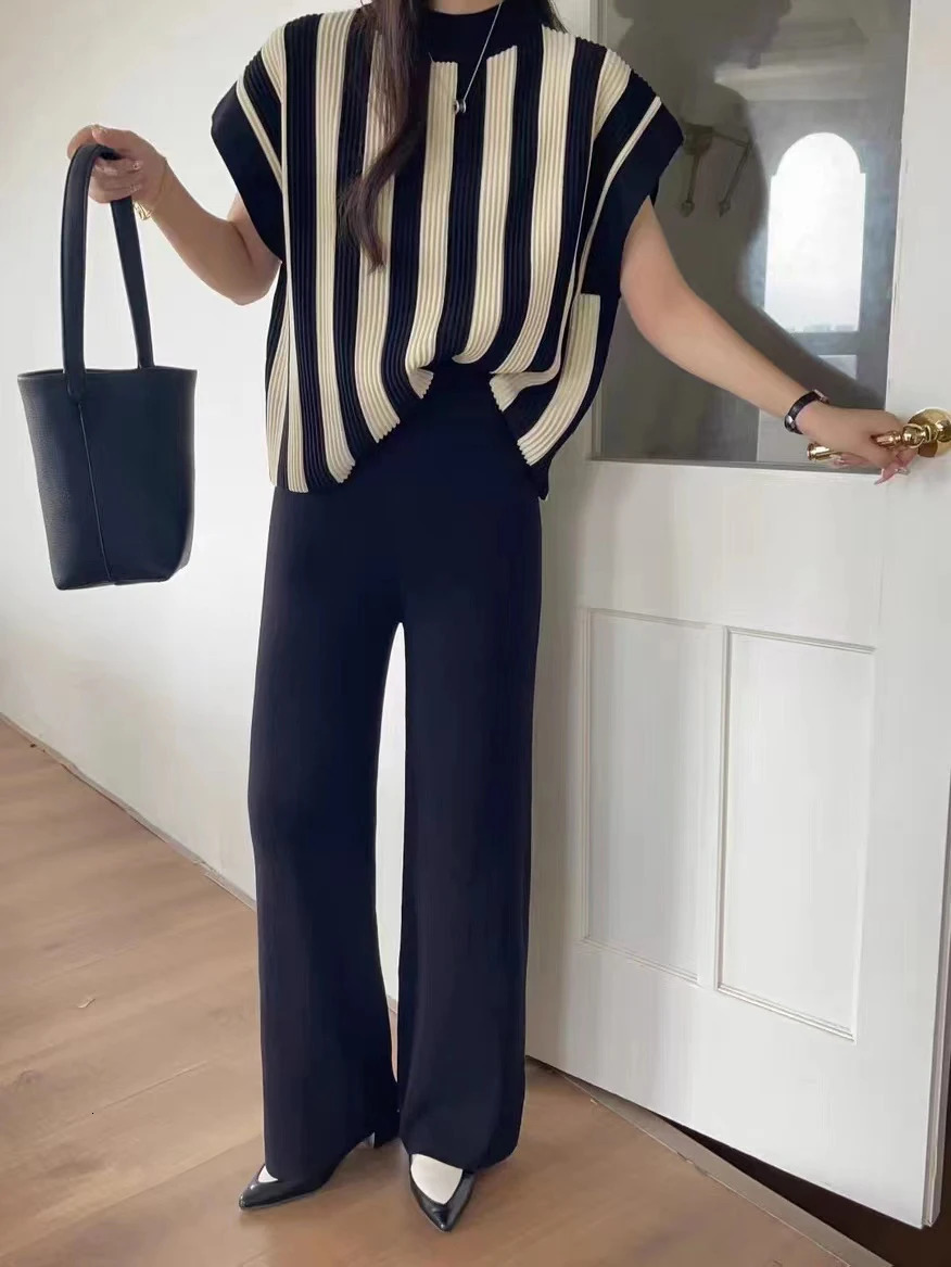 Women Sweater Pant Set Casual Striped Pullovers Suits Autumn Winter Knitted Short Sleeve Elegance OL Tops Elastic Sweaterpants 250408