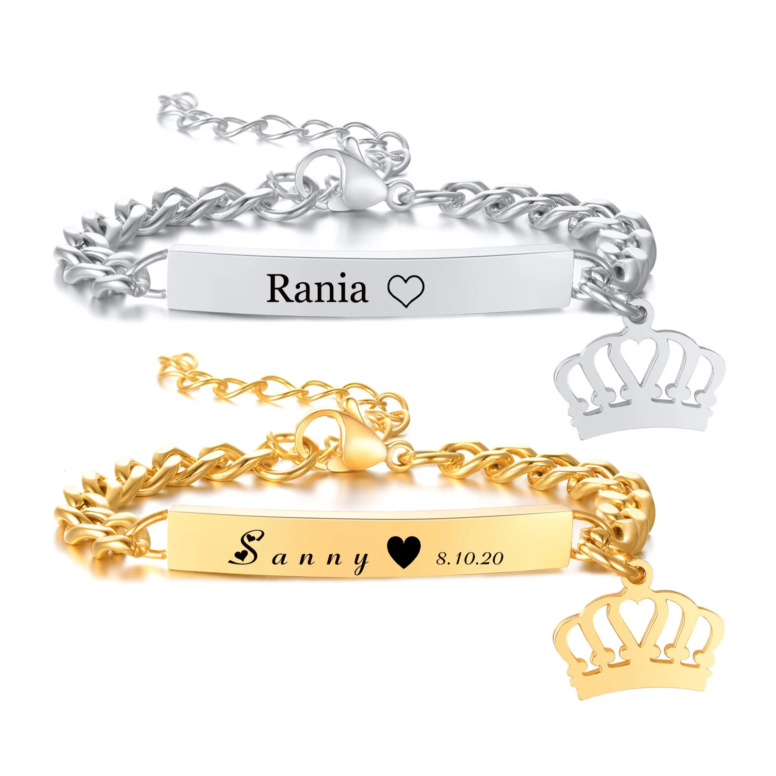 Customized Name ID Bracelet Gold Plated Boy Gift Stainless Steel Curled Chain Link Crown Bracelet Non Allergic 250408
