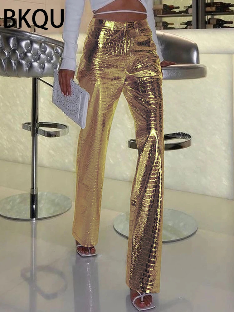 BKQU Gold Sliver Leather Straight Wide Leg Pants for Women Fashion Streetwear High Waist Scale Leather Party Club Trousers 250409