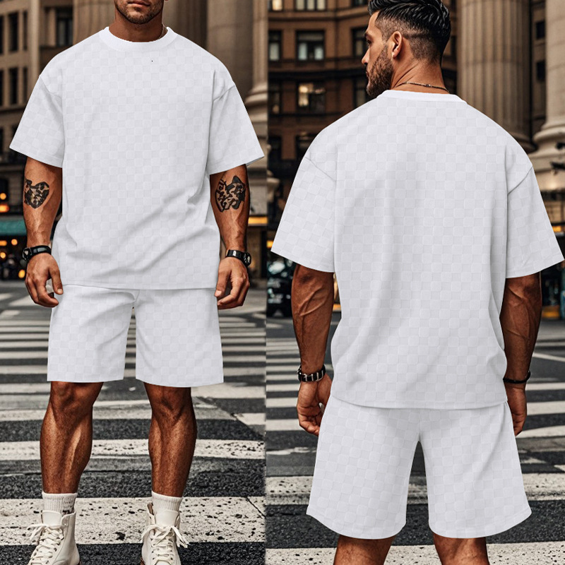 2025 new jacquard checkerboard solid color short sleeved shorts set for mens fashion trend