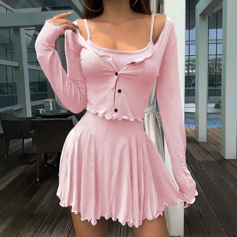 Sweet Spicy Girl for Women Retro Simple Cardigan Jacket Layered Summer Strap Dress Two-Piece Set European and American Style