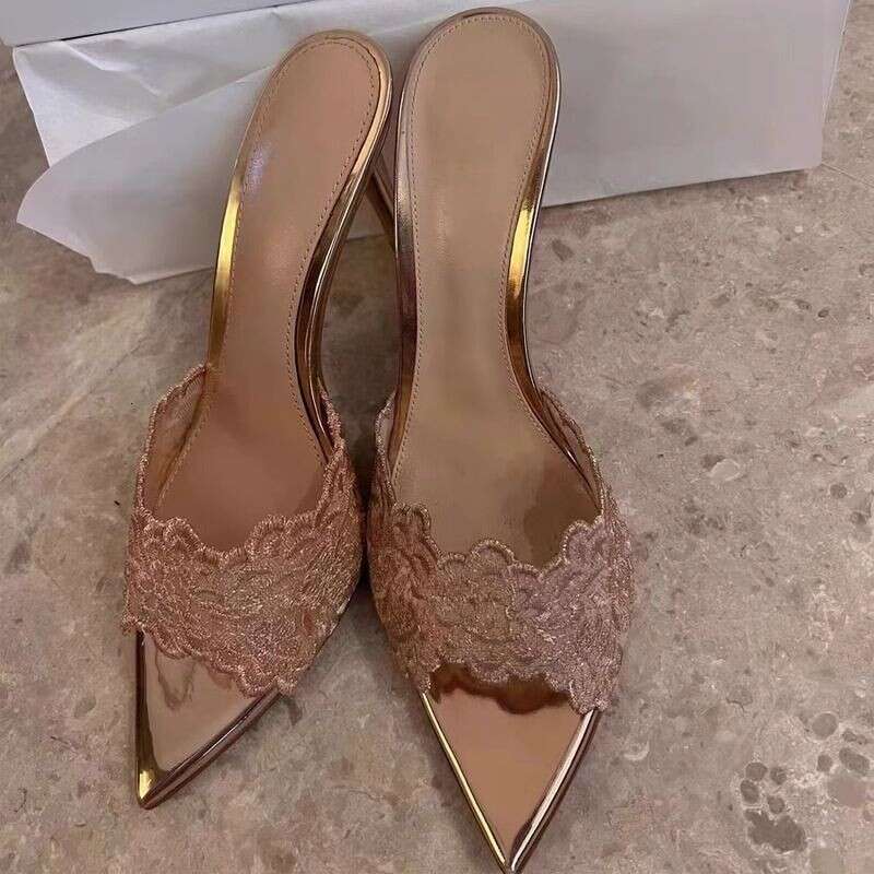 Woman Sandals New Slippers Champagne Gold Embroidered Sexy Pointed Banquet High Heels For Women