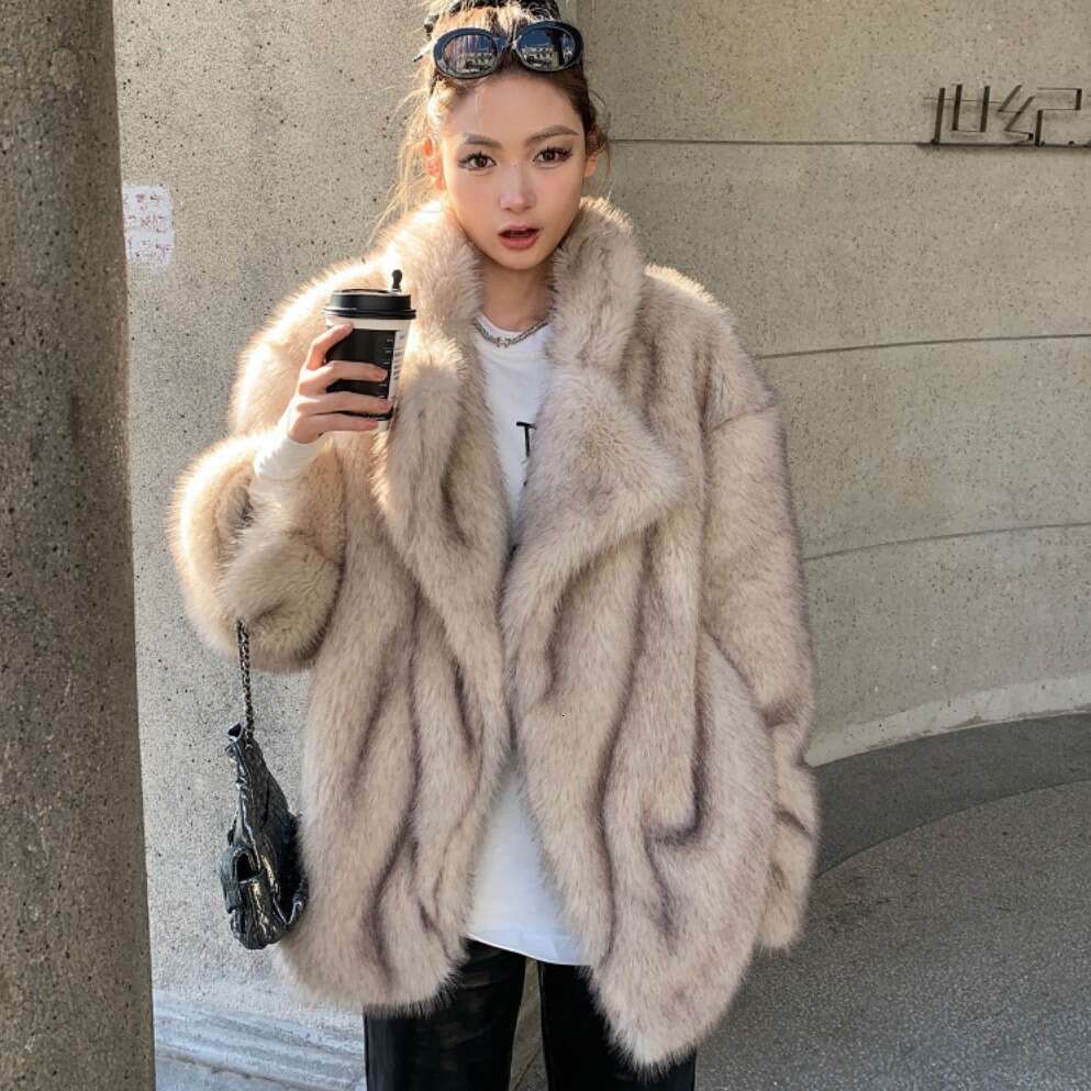 Faux Large Thick Women's Layer Fox Double Lapel MidLength EcoFriendly Fur Coat