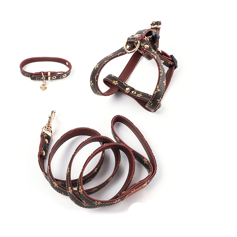 Designer Dog Collars Designer Harness Leashes Set Soft Adjustable Printed Leather Classic Pet Cat Collar Leash Sets for Small Dogs Chihuahua Poodle Ou