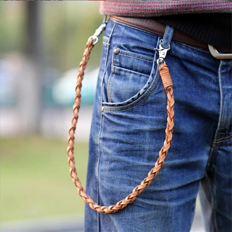 Classic punk style genuine leather bicycle keychain denim chain handmade wallet waist mens rock clothing accessories 250410