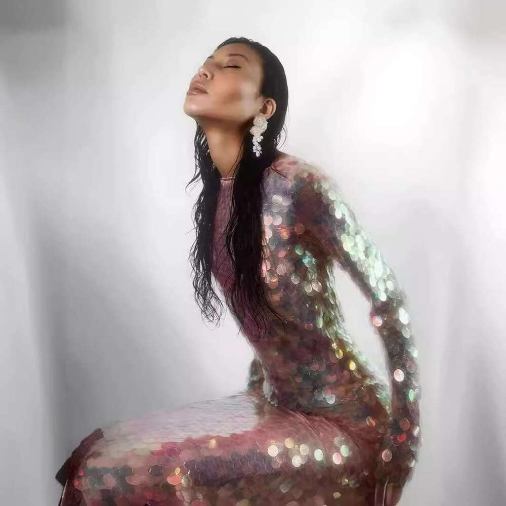 2025 Summer New Fashion Elegant Sexy Backless Mesh Sequin Sleeve Long Night club maxi dress SEXY DRESSES FOR WOMEN