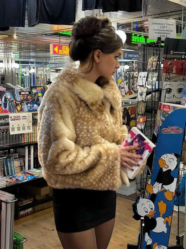 Leopard Printed Faux Fur Short Coat Women Lapel Full Sleeve Single Breasted Loose Mini Coats Lady Winter Daily Street Outerwear 251110