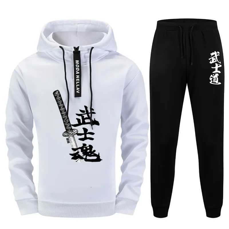 2025 New Mens Half Zip Tracksuit Urban Streetwear Set Hoodie with Sweatpants Autumn Winter Casual Sportswear Japan Bushido Print W251110