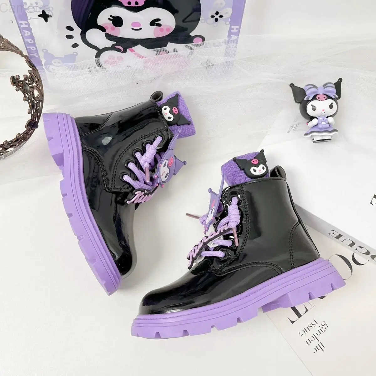 Sanrio Kids Princess Shoes Cute Kuromi Soft Sole Girls Leather Boots Comfort Non-Slip Autumn Winter Children Short Cotton Boots H251110