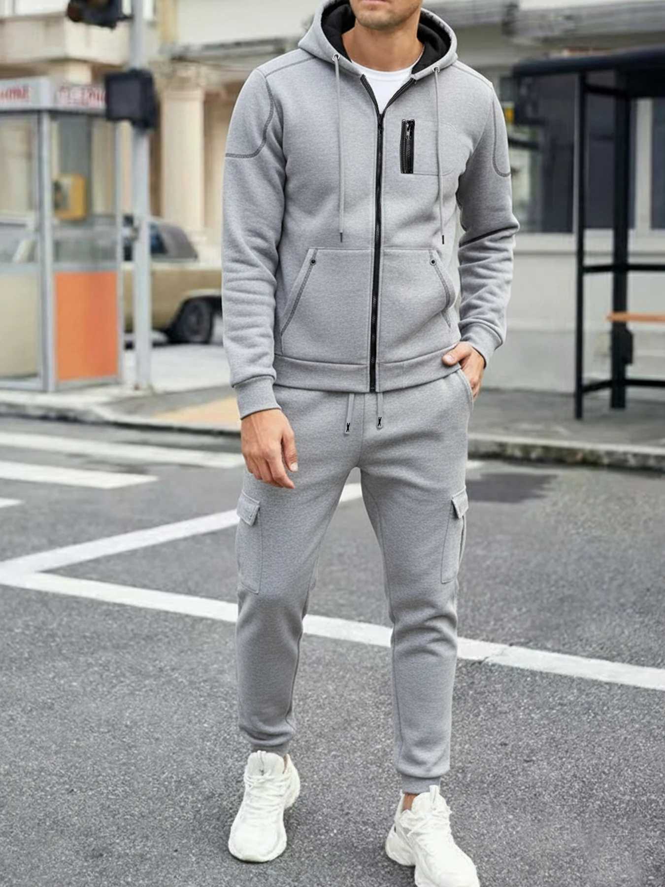 2025 Popular Two-piece Mens Sportswear Autumn Solid Color Jogging Suit Hooded Zipper Jacket Sport Pants Casual Sports Set W251110