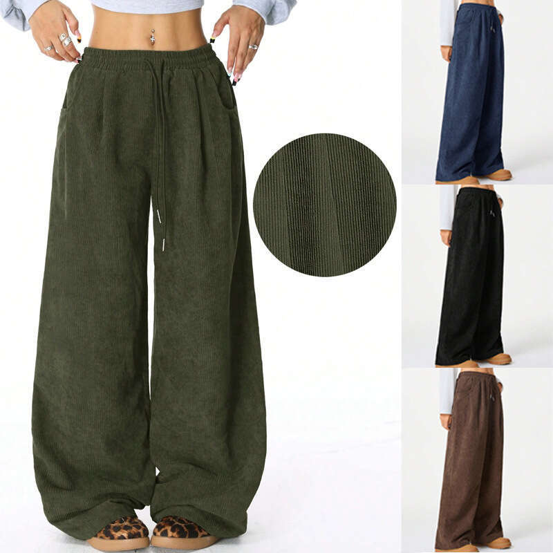 2025 Cross-Border European and American Amazon New Lazy Style High-Waisted Casual Versatile Draped Drawstring Wide-Leg Pants