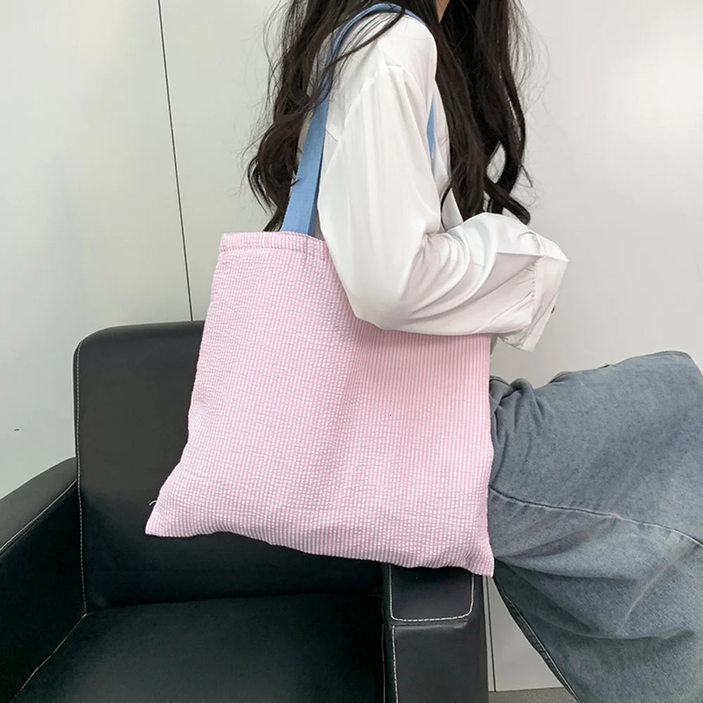 Stripe Contrast Color Womens Canvas Shoulder Bag Large Capacity College Book Tote Zipper Handbags Simple Shopping 251110