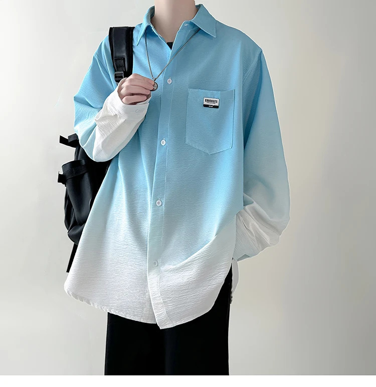 Mens shirt Gradient Plicated Long Sleeve Shirts Loose Korean Shirt Fashion Casual Oversize Shirt Coat High Quality Clothing 250408