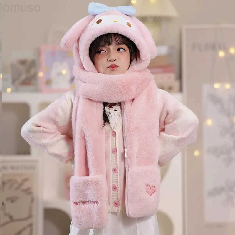 Sanrio Cute Kuromi Anime Childrencinnamorol Winter Windproof Hat Scarf Three Piece Set Cartoon Girl Comfortable Plush Warm Scarf H251110