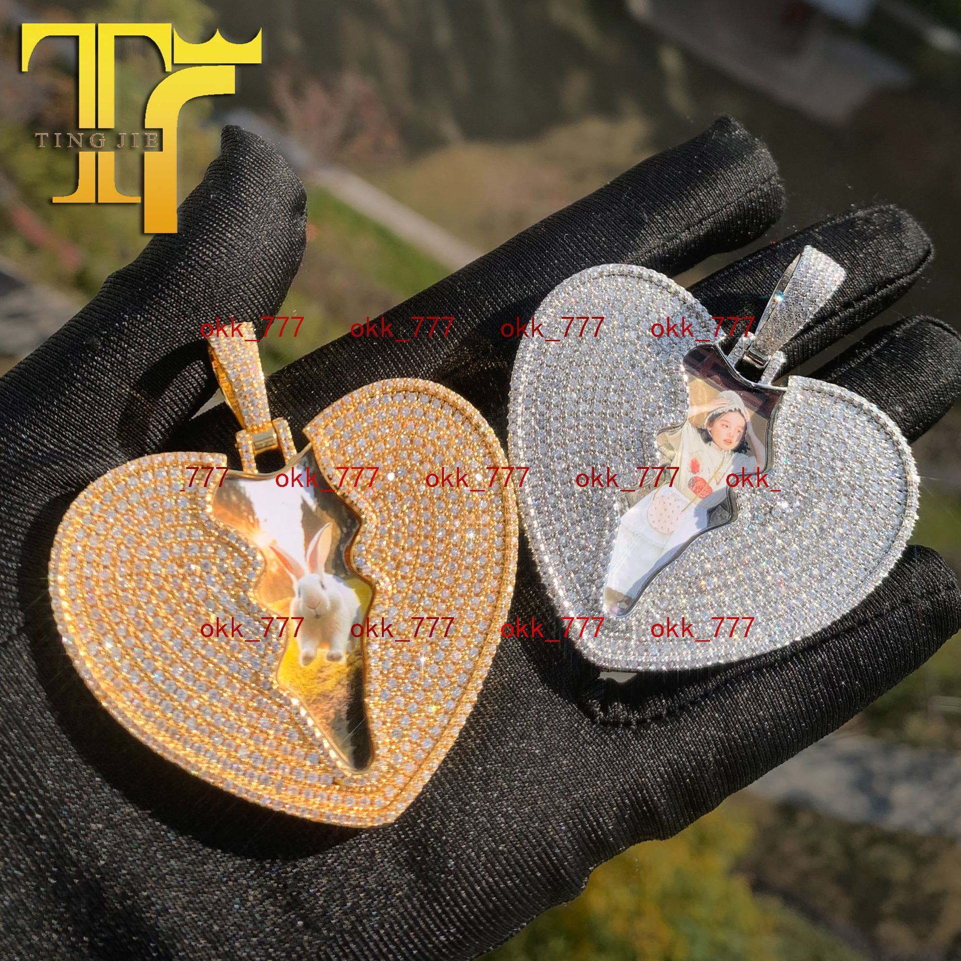 Hip hop cracked love necklace pendant Moissanite chain 925 silver full of diamonds shattered heart photo customized photo frame