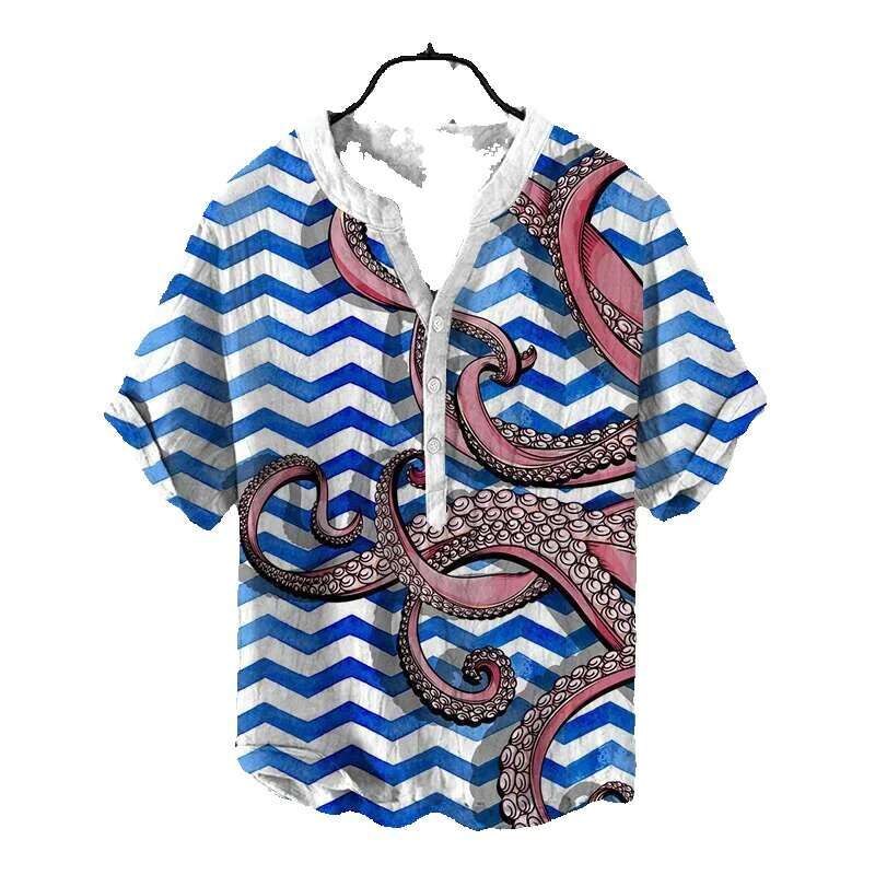 Henry Summer casual T-shirt wave 3D printed cardigan short sleeved fashionable top Men's clothing