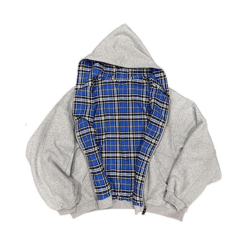 European and American Cross-Border Autumn Winter New Fashion Hooded Zipper Plaid Patchwork Reversible Sweatshirt for Men