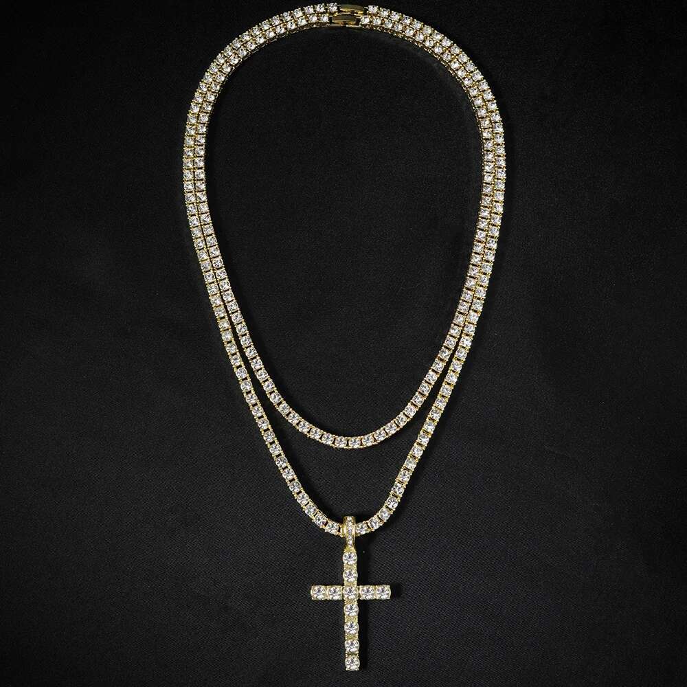 Hip Hop Cross Pendant Necklace Strap 4mm Zircon Tennis Chain Iced Out Sparkling Necklace Men Women Punk Jewelry Fashion Gift