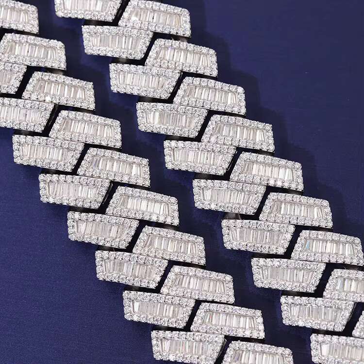 GRA Baguette Moissanite 20mm Wide 925 Pure Silver VVS Moissanite Cuban Link Chain for Hip Hop Jewelry