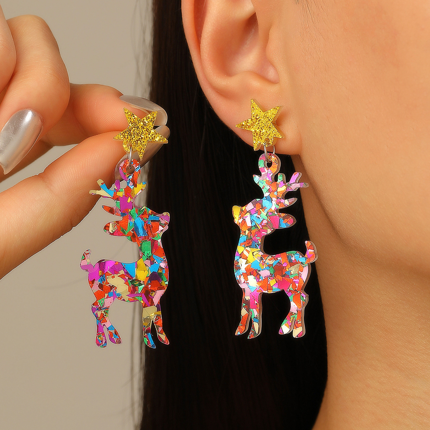 Acrylic Sequin Reindeer Deer Animal Pentagram Earrings Christmas Ear Accessories