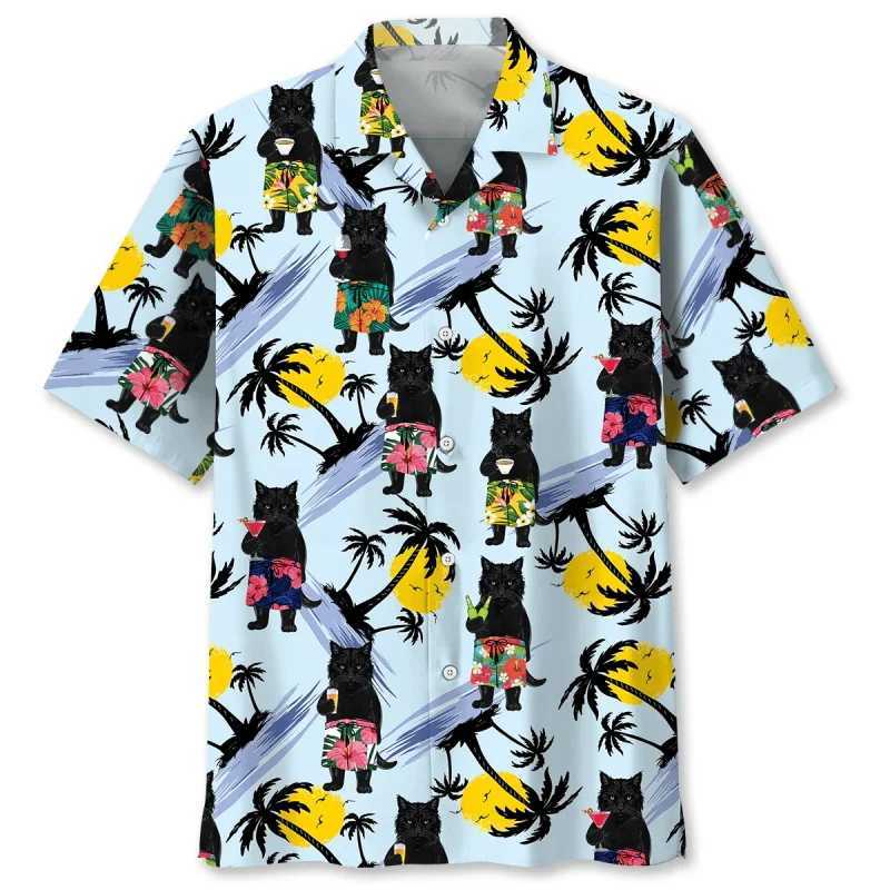 Interesting animal cat sunflower Hawaii 3D printed shirt mens summer short sleeved cute cat surfing beach shirt mens clothing X250410