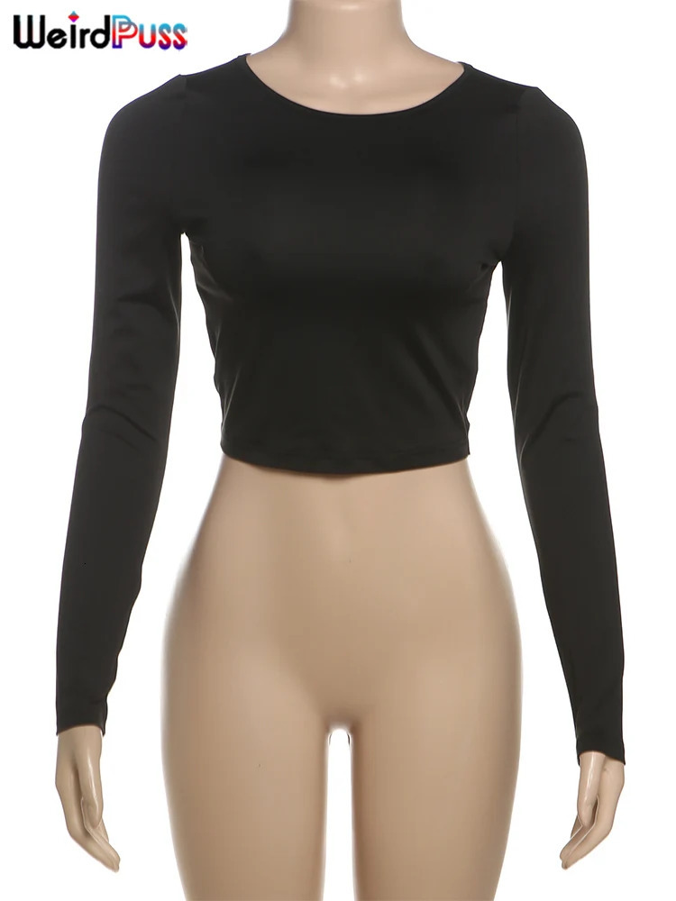 Weird Puss Y2K Backless Crop Top Autumn Trend Oneck Solid Long Sleeve Single Shoulder Strap Tight Stretch Street Clothing Basic Tshirt 250407
