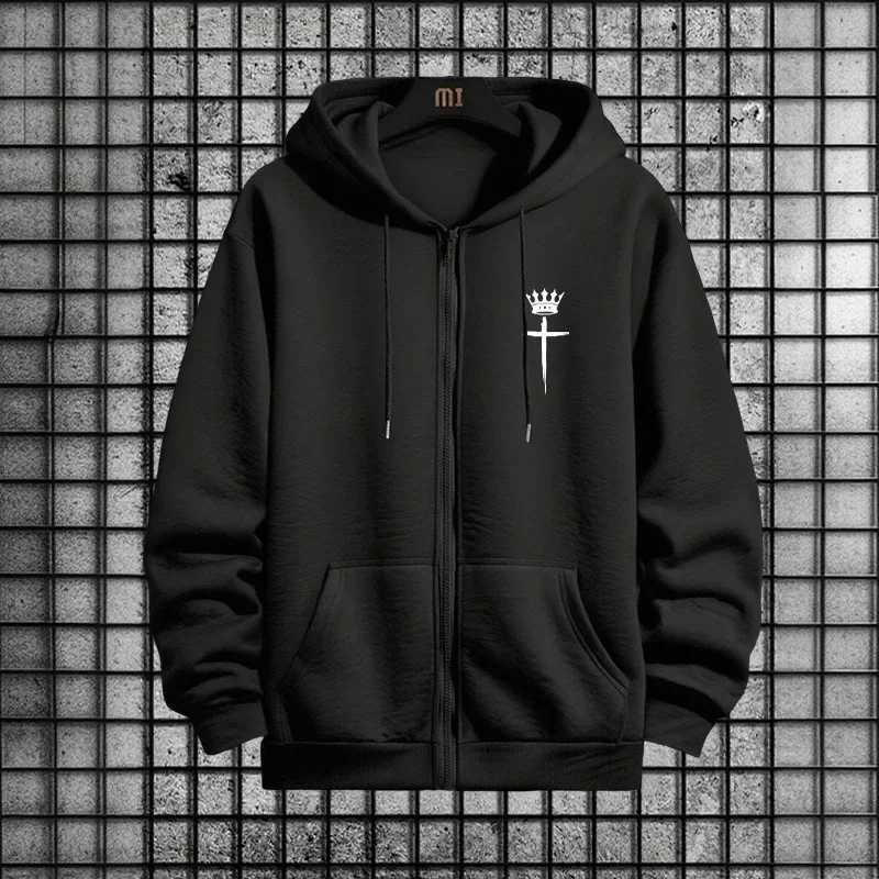 Autumn Winter Casual Sportswear Cross Crown Print Men 2 Piece Set Zipper Hoodie and Sweatpants Urban Streetwear Tracksuit Outfit W251110