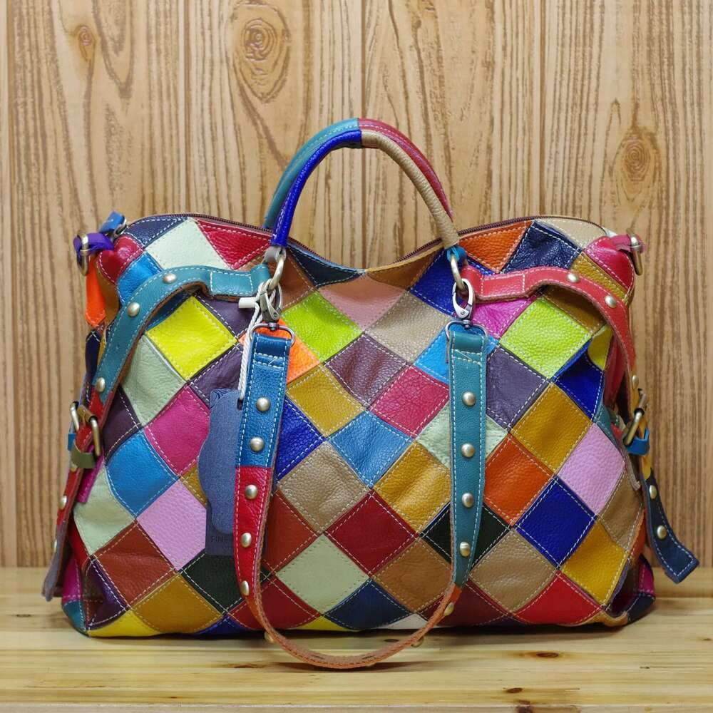 Leather Cowhide Random Plaid Color National Style Handbag Shoulder Crossbody Tote Bag
