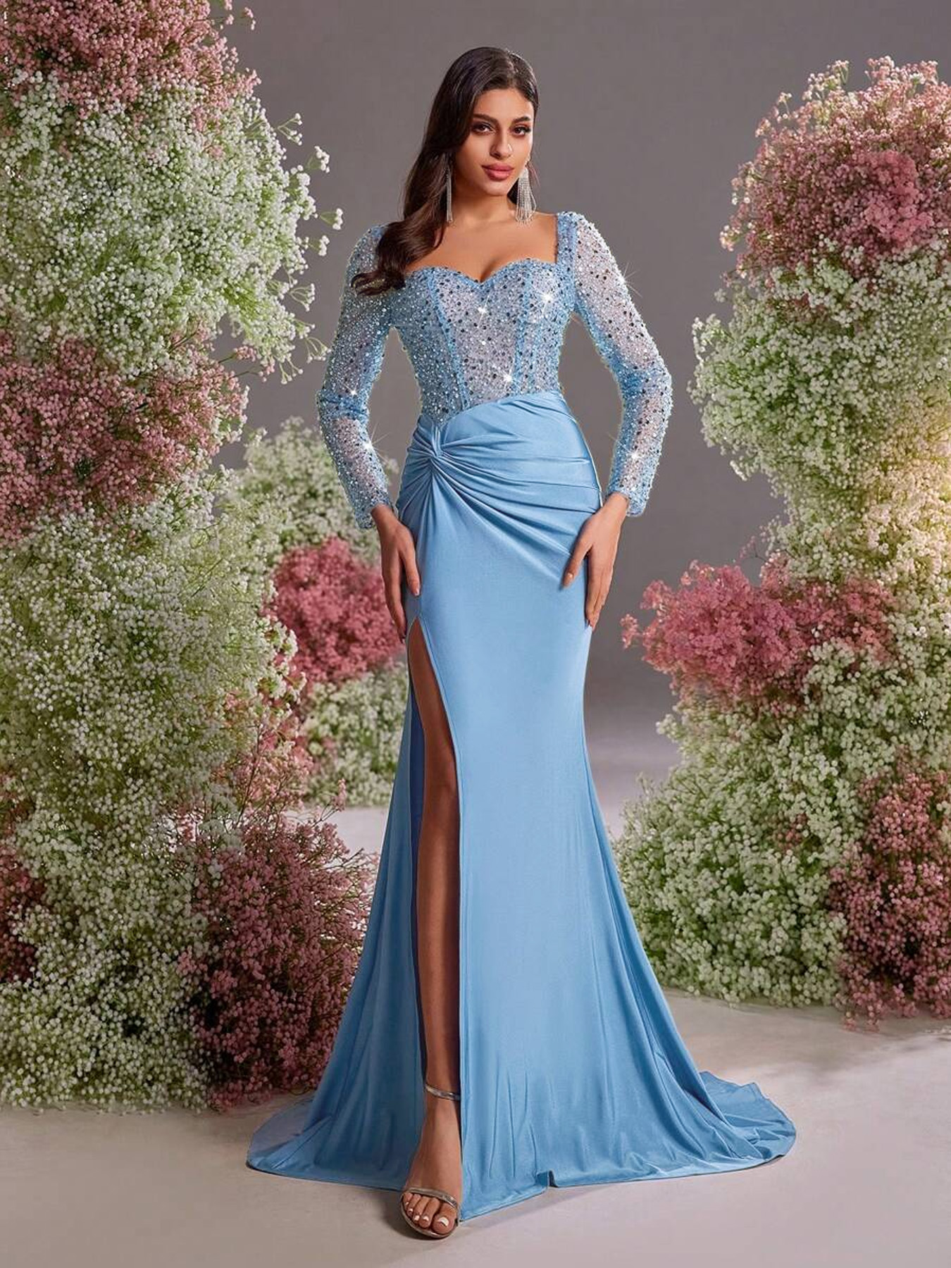 Women's Elegant Glamorous Sequin Mesh Mermaid Evening Gown, Side High Slit Bodycon Maxi Dress---D424