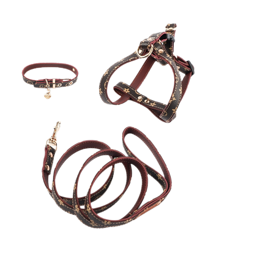 Designer Dog Collars Designer Harness Leashes Set Soft Adjustable Printed Leather Classic Pet Cat Collar Leash Sets for Small Dogs Chihuahua Poodle Ou