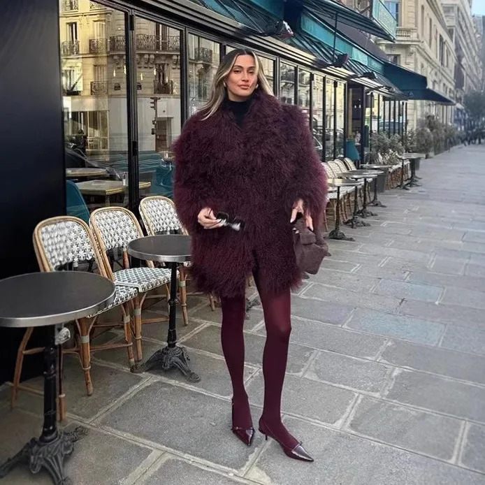 Vinatge Burgundy Women Winter Eco Fur Coat Suit Collar Overzied Female Faux Jacket Loose Fluffy Artificial For Lady 251110