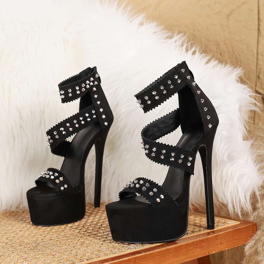 996-201 Black Velvet Lyndon Decorative Zipper Open Toe Quality Thin High Heel Fashion Sandals 35-42