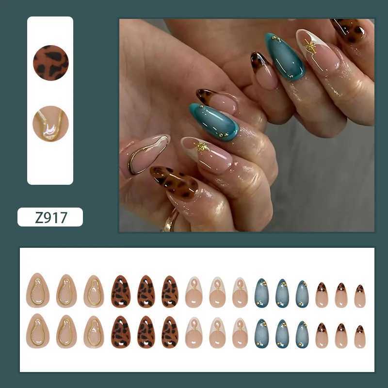24 leopard print printing machines brown French fake nail patches 3D gold powder design Korean wearable fake nail patches W250410