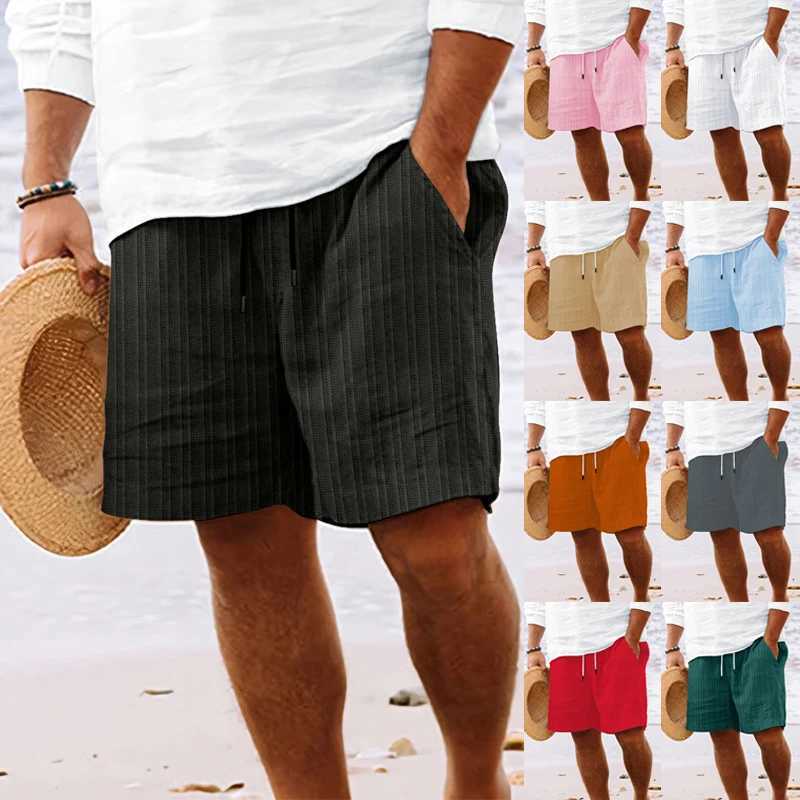 Summer beach mens linen casual loose elastic waist striped shorts with brushed linen cotton track shorts X250410