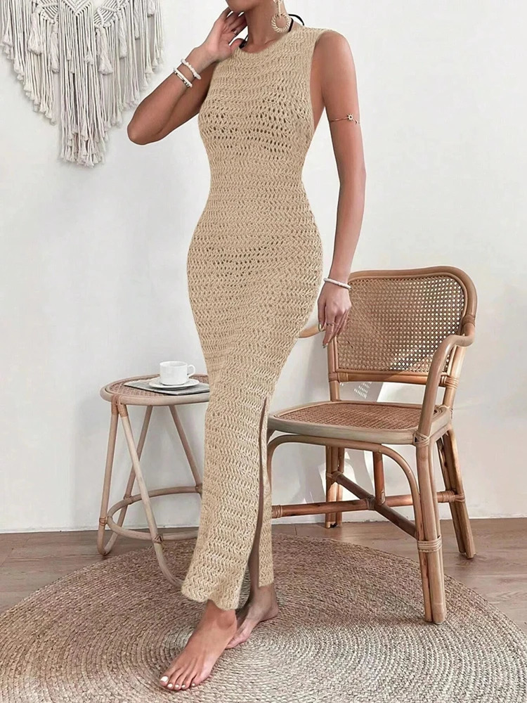 Fashionable and elegant hollow dress round neck and waist clip skirt sleep free slim wool dress suitable for women 250409