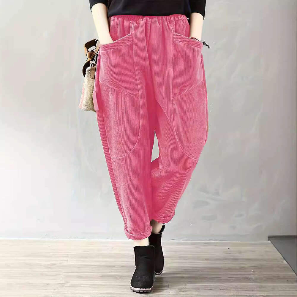 2023 TEMU Hot-Selling Autumn Winter Elastic Waist Plus Size Fashion Corduroy Loose Outer Pants for Women