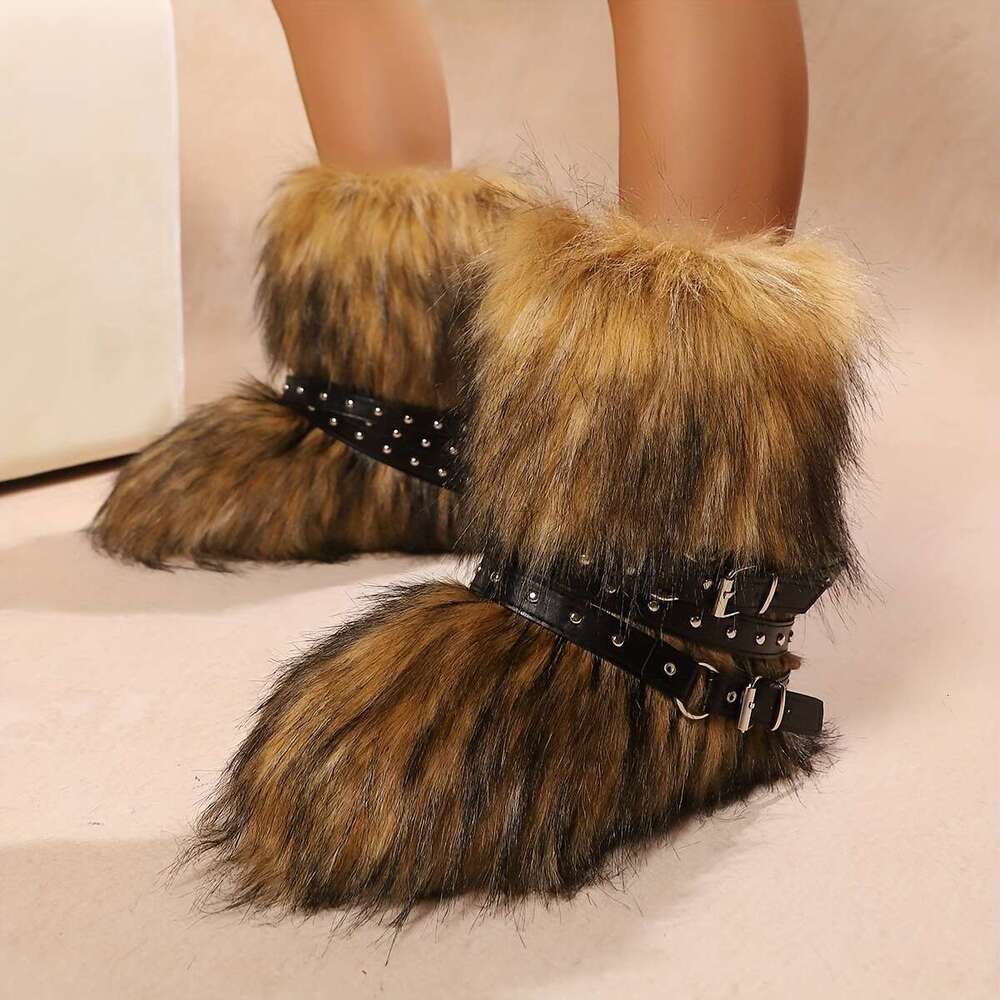 Women's Faux Fur Winter Warm Boots - Cross Strap Design, Mid-Calf Round Toe Slip-On, Non-Slip Rubber Sole With Fleece Lining, Available In Black/
