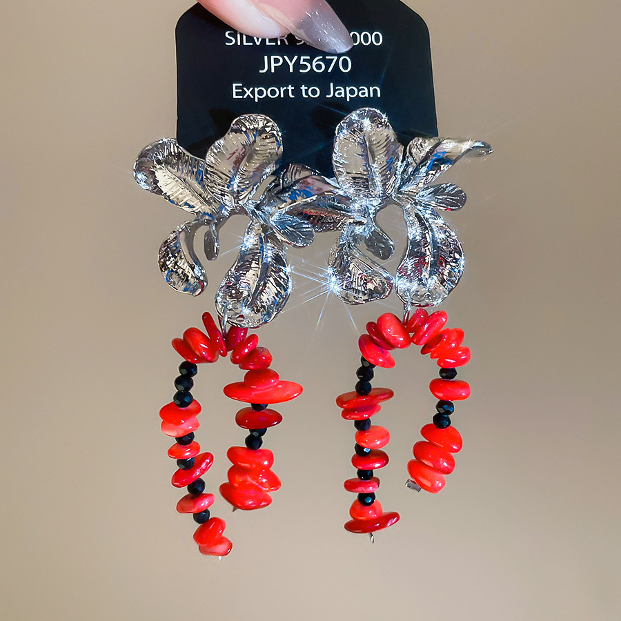 Silver Needle Texture Flower Shell Tassel Light Luxury Niche Design European and American Cross-Border Exaggerated Earrings for Women